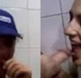 Frentista pagando um boquete espetacular no banheiro do posto de gasolina